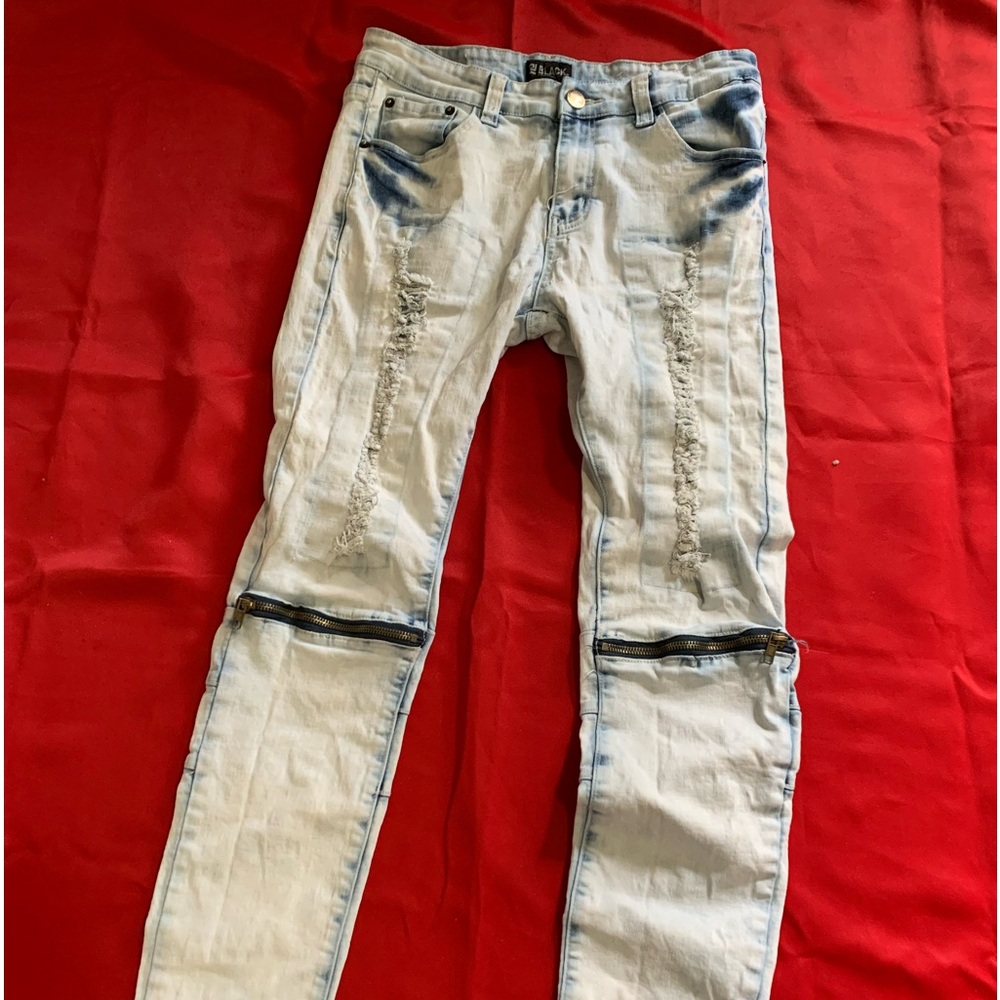 Black Premium Skinny Flex Distressed Jeans RN 70829 Zipper Legs Light Wash 32x30